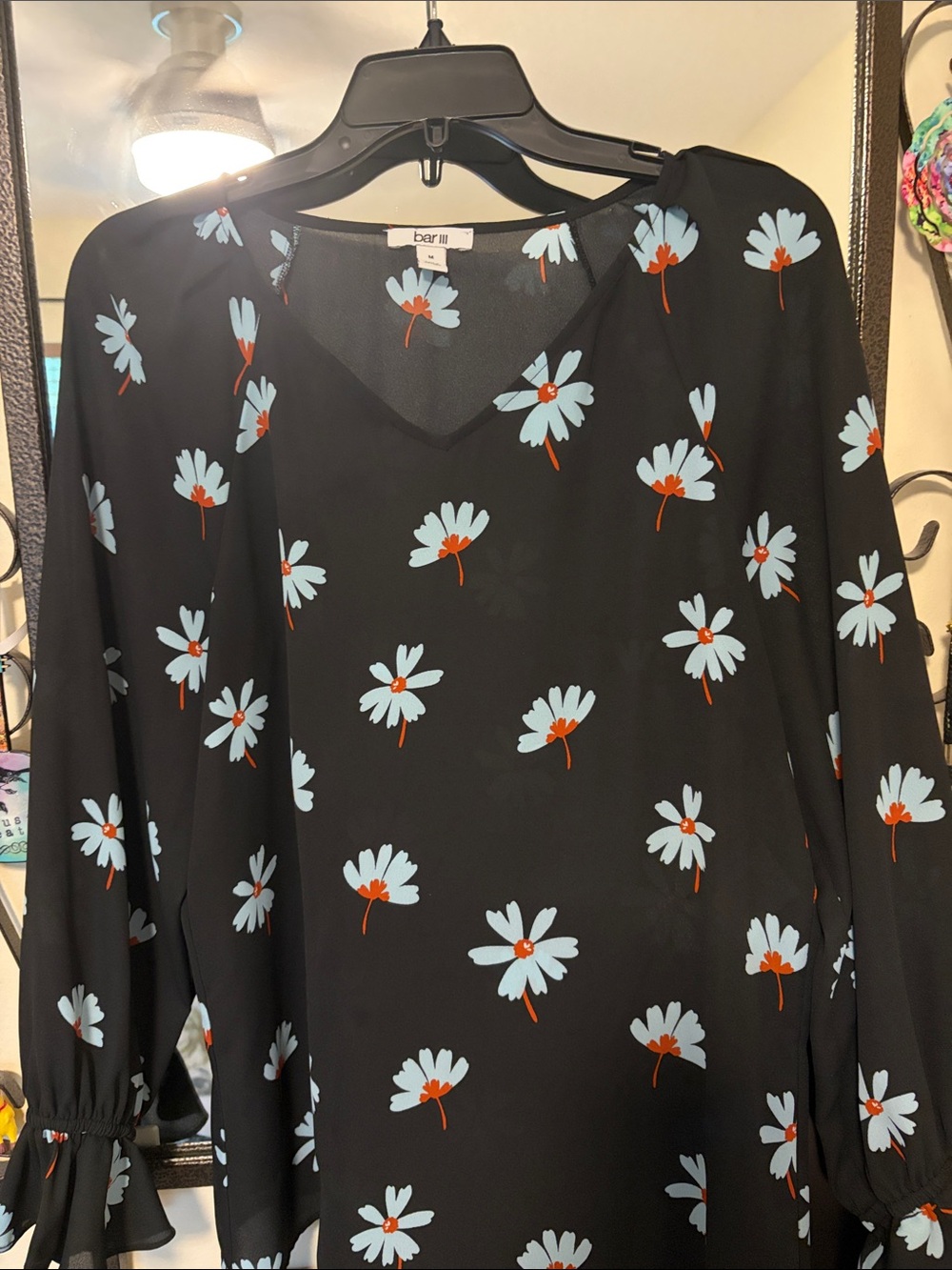 Bar III Black V-Neck Floral Blouse with Light Blue and Orange Flowers